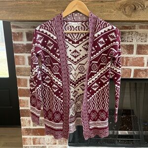Pink Republic juniors' or women's open-front cardigan sweater maroon/white S